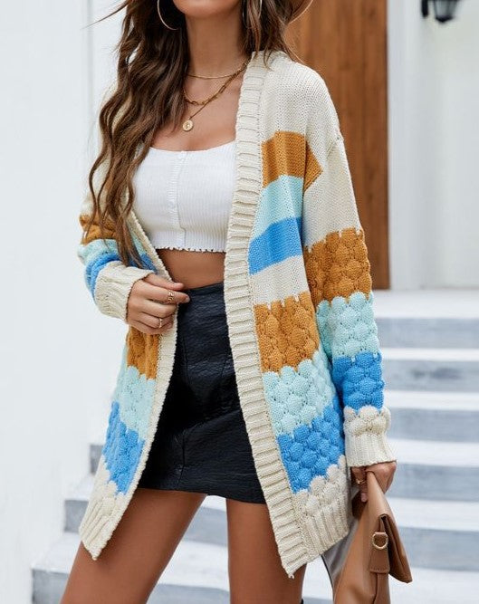 Bubble Knit Striped Longline Cardigan - Beige - 3