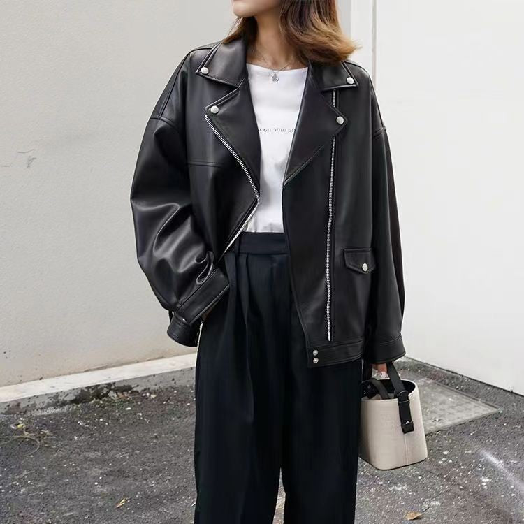 Faux Leather Asymmetric Zip Oversized Moto Jacket