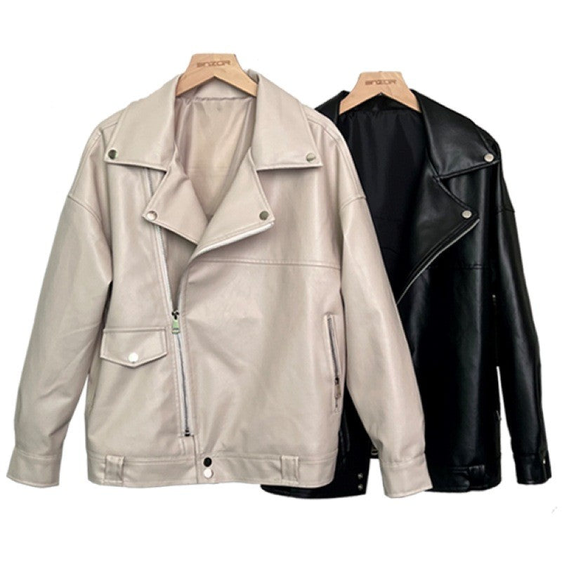 Faux Leather Asymmetric Zip Oversized Moto Jacket