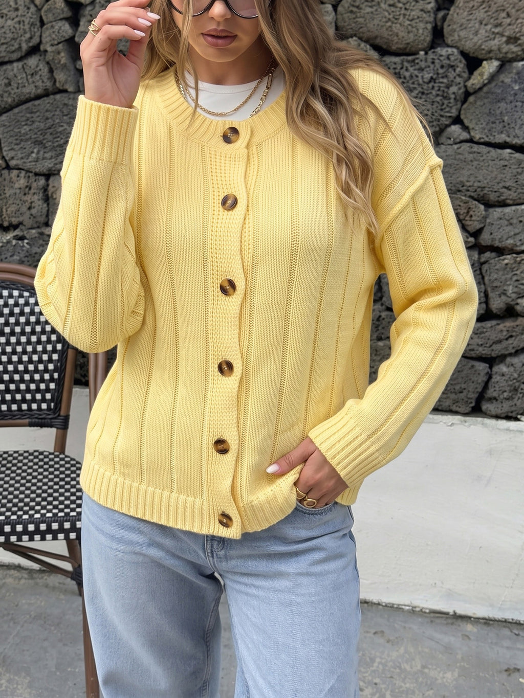 Slouchy Ribbed Button Up Knit Cardigan - Yellow