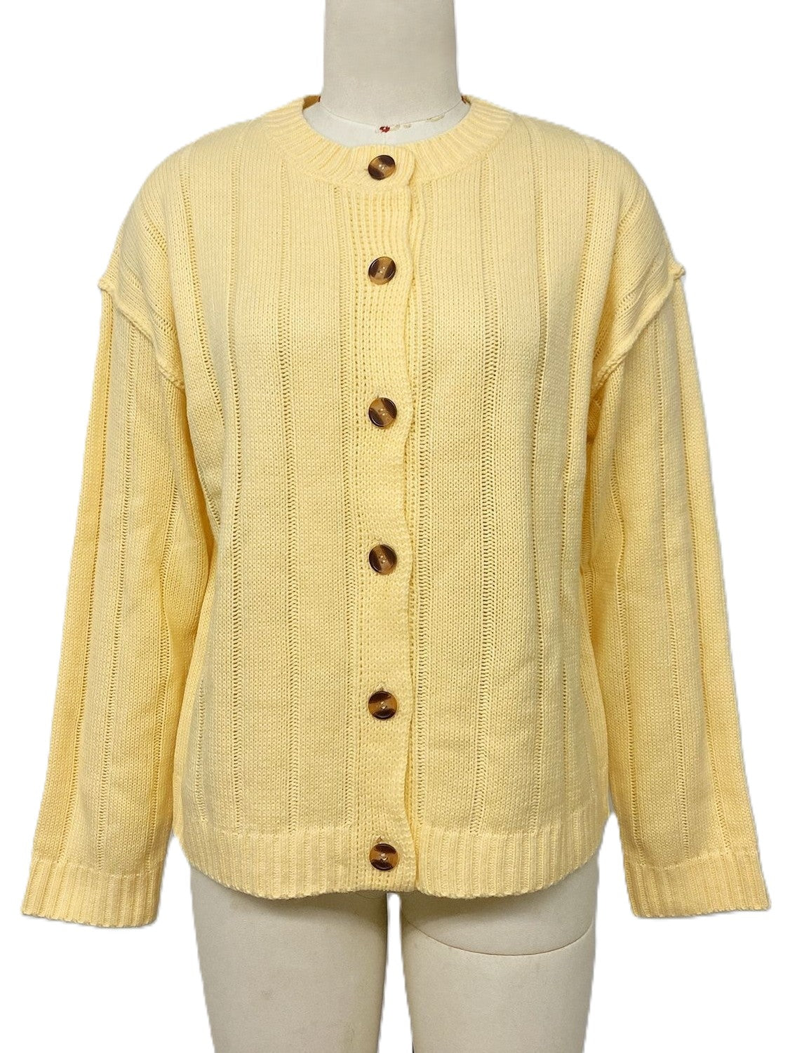 Slouchy Ribbed Button Up Knit Cardigan - Yellow - 1