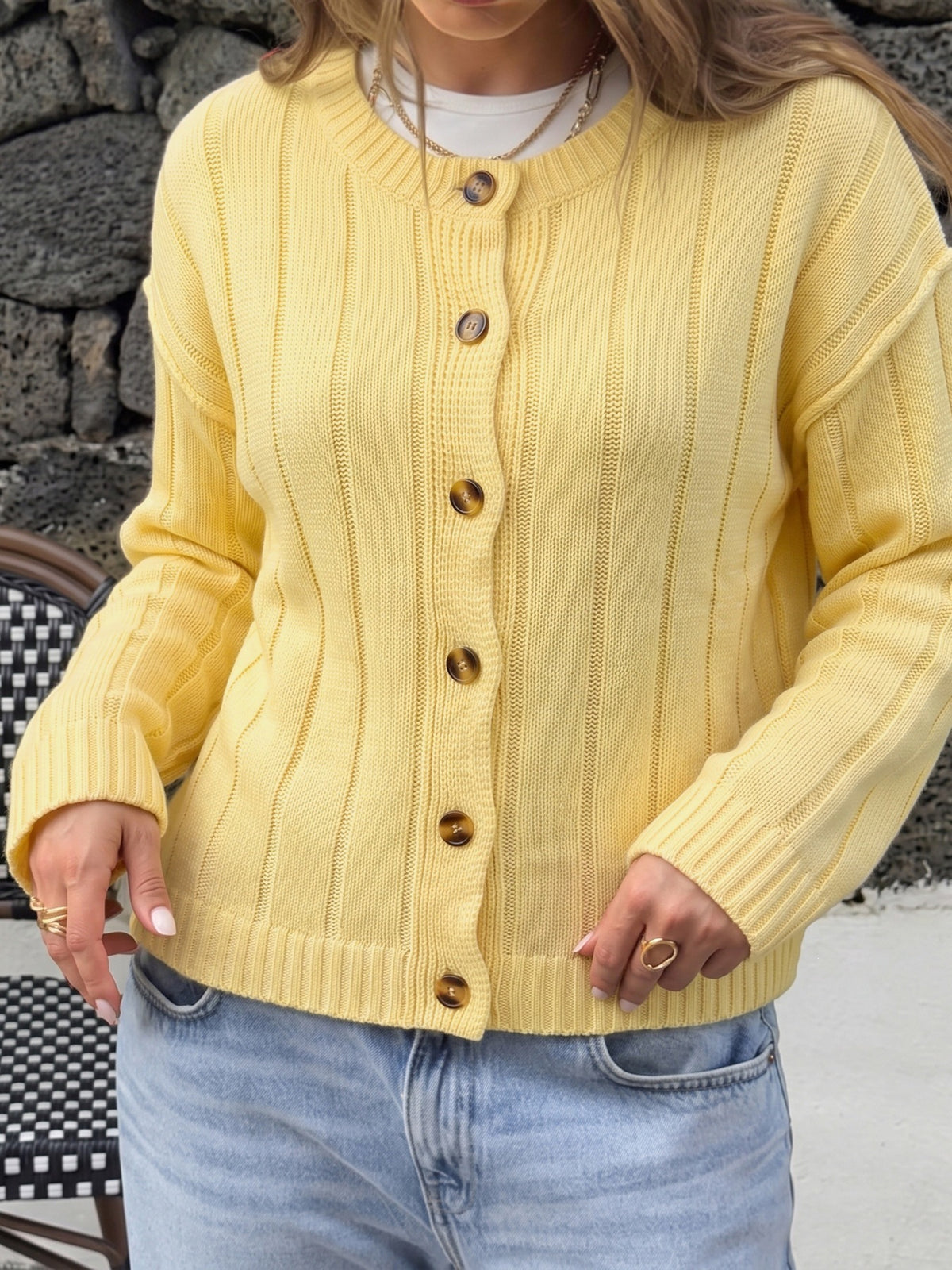 Slouchy Ribbed Button Up Knit Cardigan - Yellow - 4