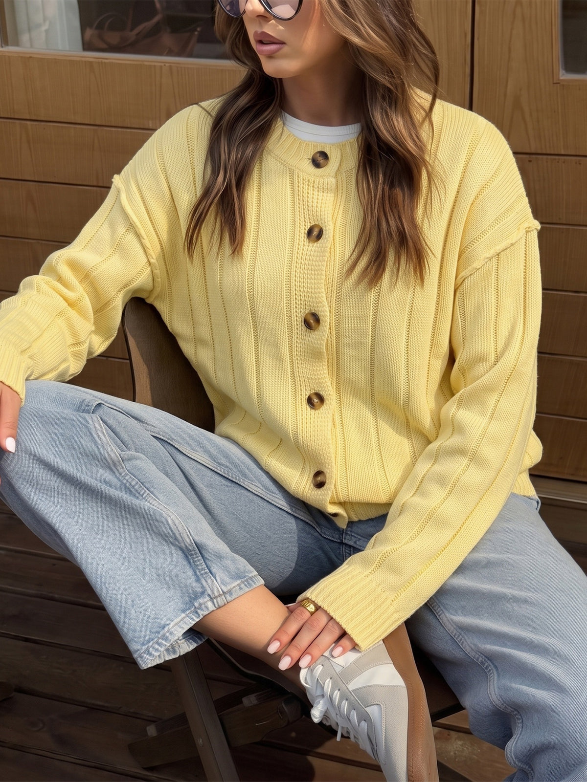Slouchy Ribbed Button Up Knit Cardigan - Yellow - 5