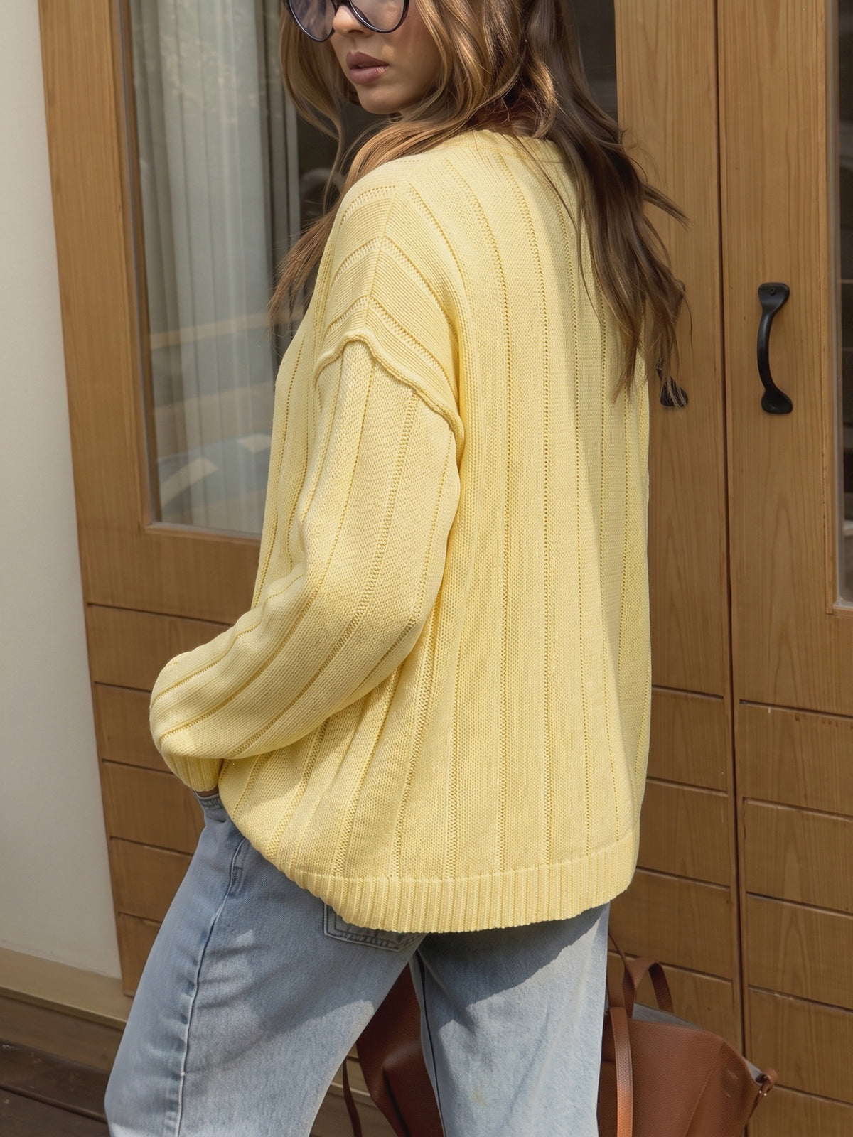 Slouchy Ribbed Button Up Knit Cardigan - Yellow - 6