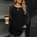 Striped Raglan Sleeve Curved Hem Top - Black