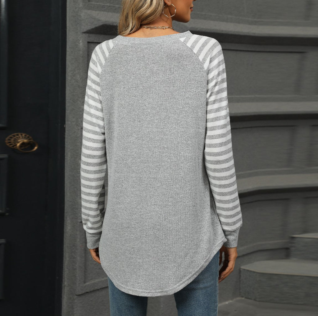 Striped Raglan Sleeve Curved Hem Top - Grey - 1
