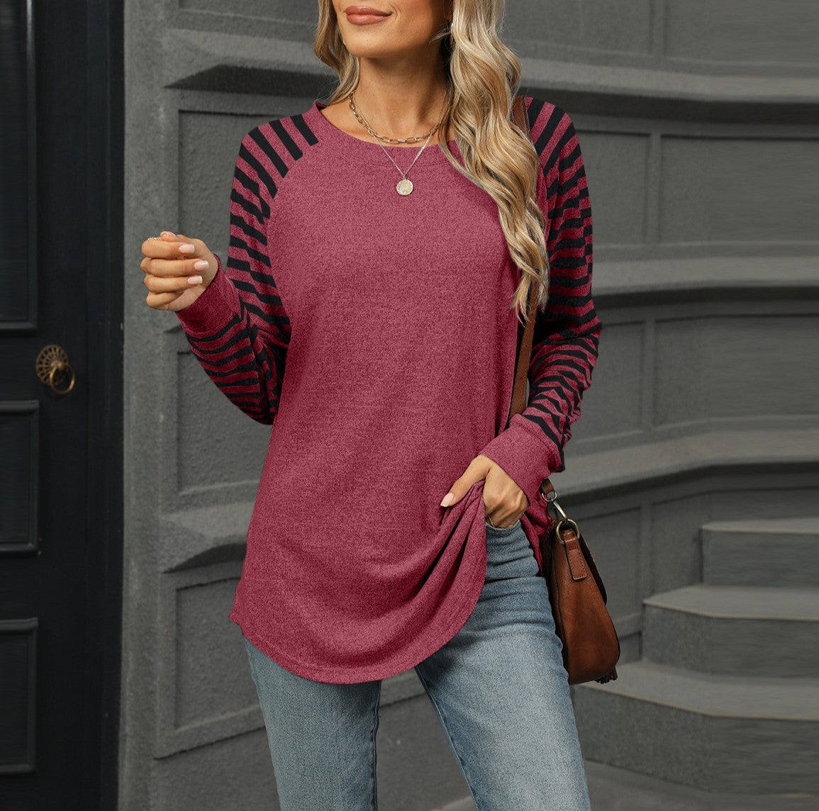 Striped Raglan Sleeve Curved Hem Top - Winered