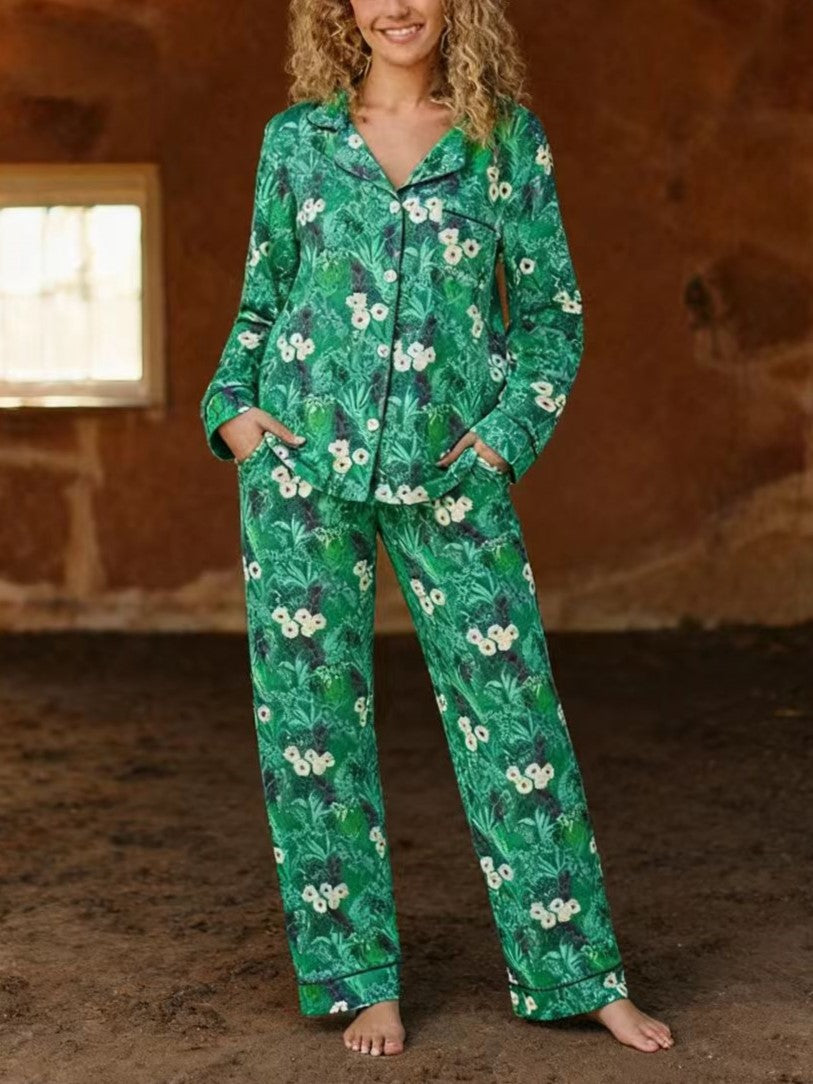 Printed Long Sleeve Pajama Lounge Set - Botanical