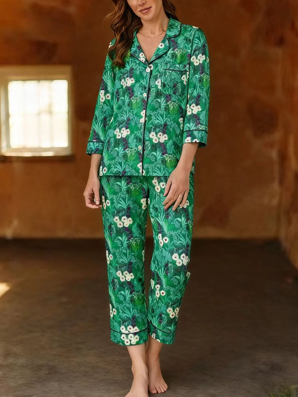 Printed Long Sleeve Pajama Lounge Set - Botanical - 1