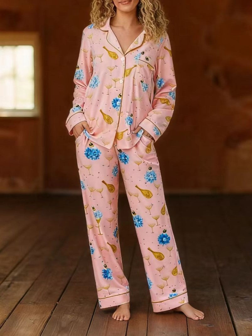 Printed Long Sleeve Pajama Lounge Set - Cocktail