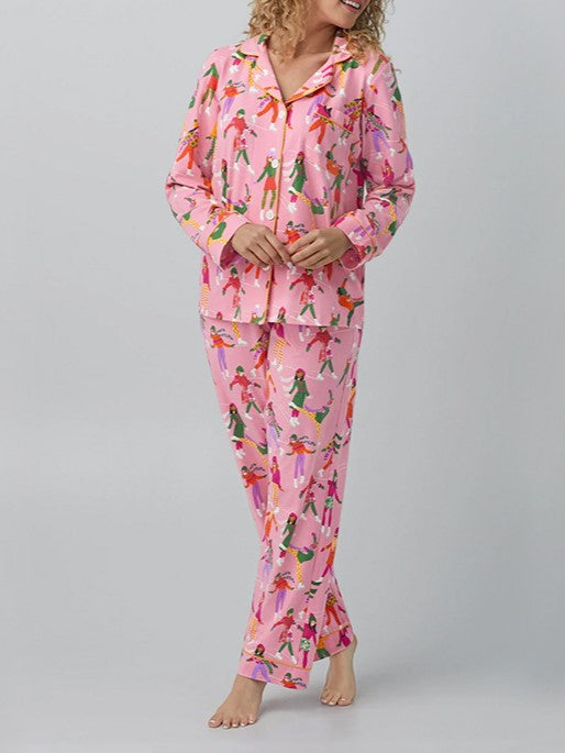 Printed Long Sleeve Pajama Lounge Set - Skiing - 1