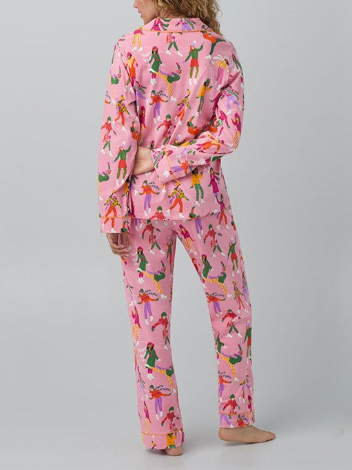 Printed Long Sleeve Pajama Lounge Set - Skiing - 2