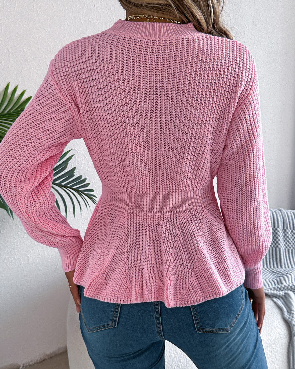 Peplum Hem Cable Knit Puff Sleeve Sweater - Pink - 1