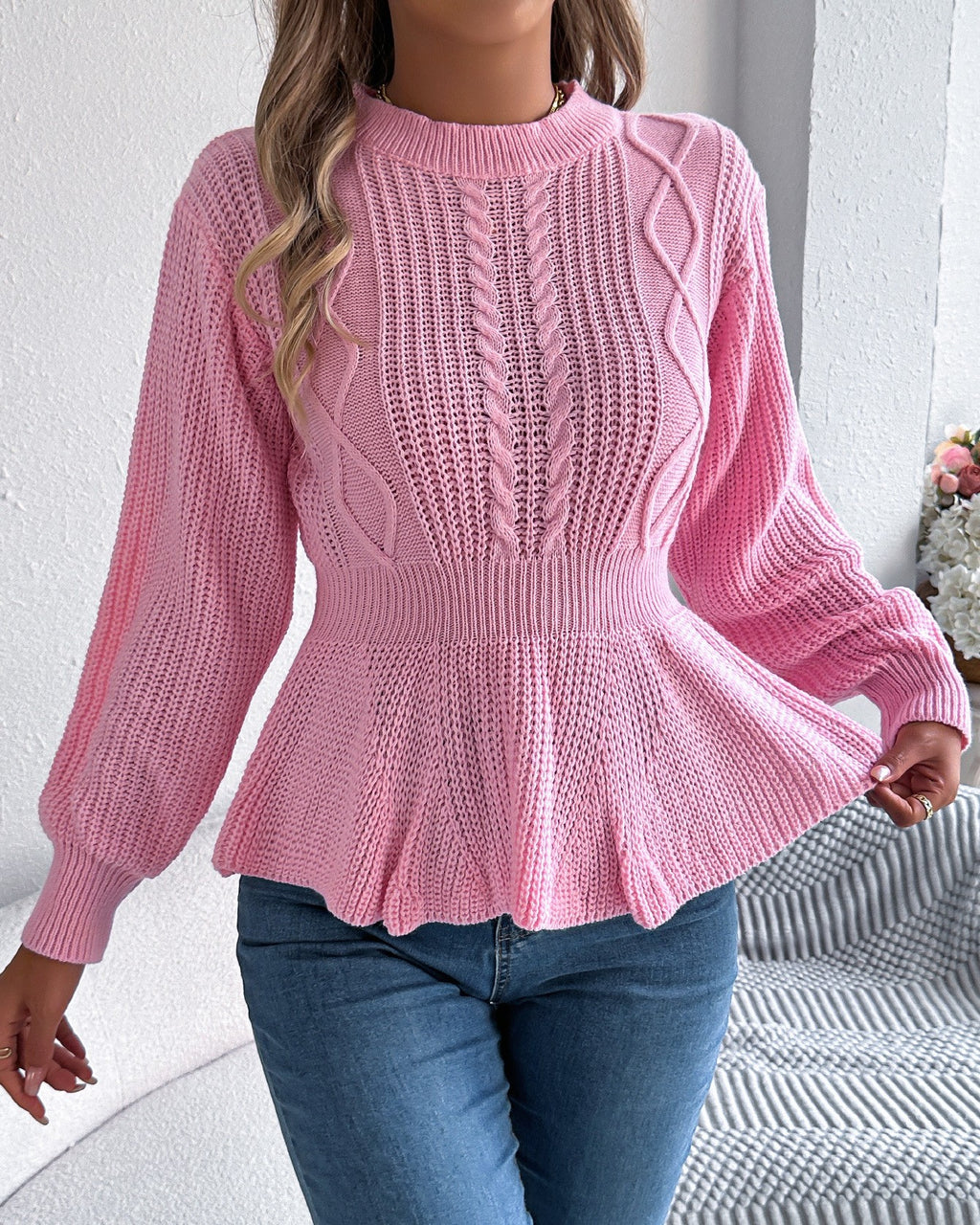 Peplum Hem Cable Knit Puff Sleeve Sweater - Pink - 2