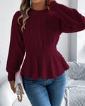 Peplum Hem Cable Knit Puff Sleeve Sweater - Wine-Red