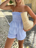 Smocked Bandeau Peplum Top and Shorts Set - Blue