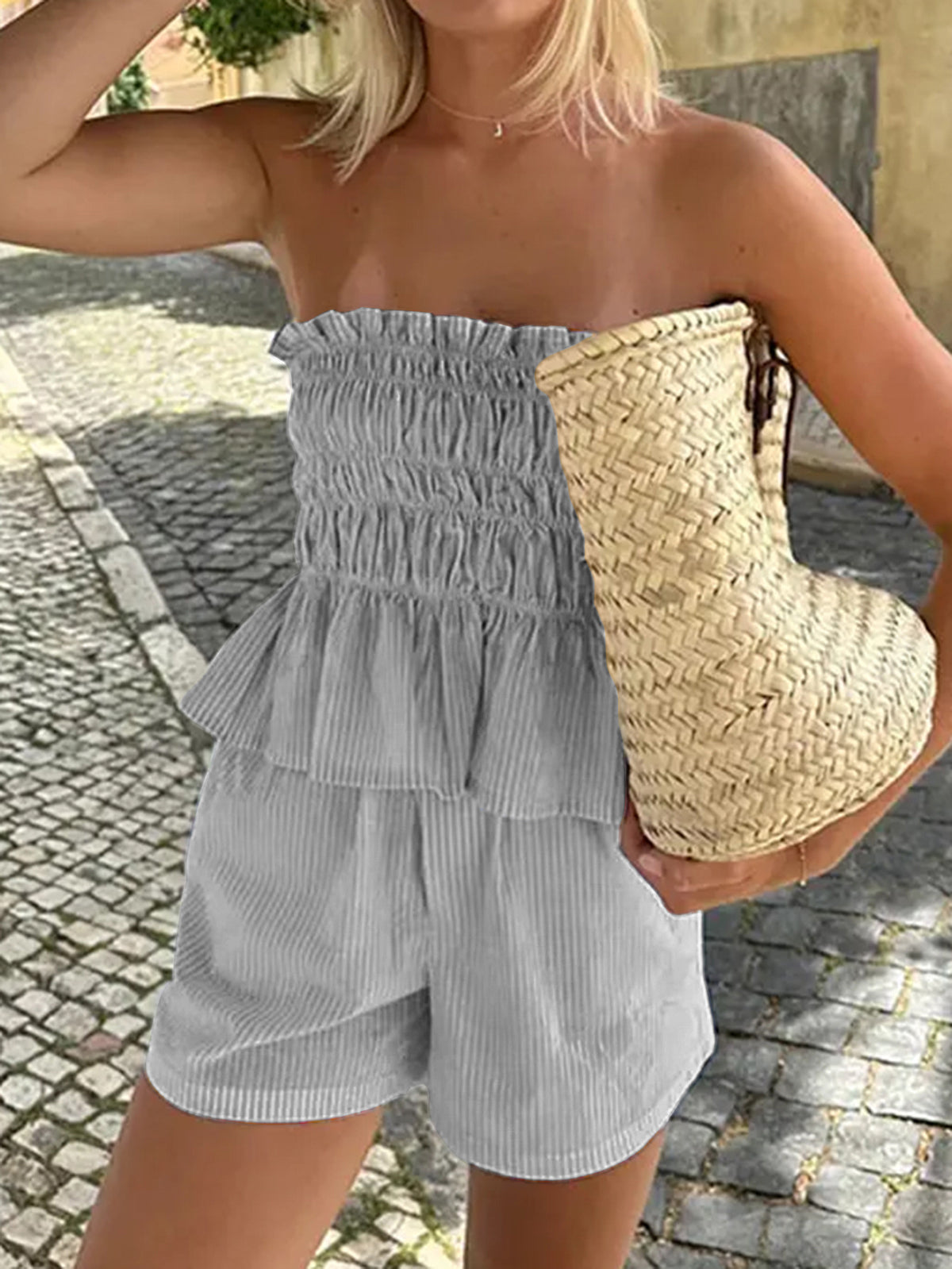 Smocked Bandeau Peplum Top and Shorts Set - Grey