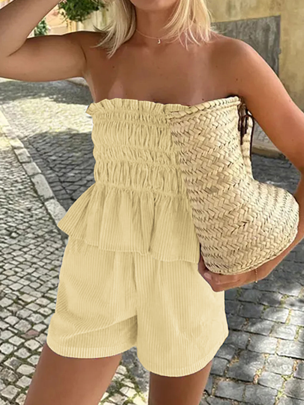 Smocked Bandeau Peplum Top and Shorts Set - Yellow