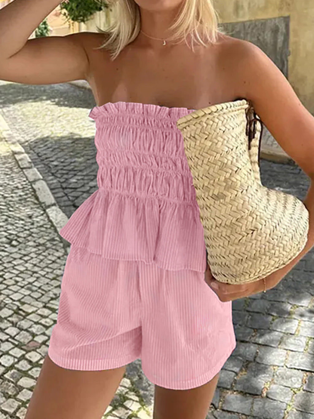 Smocked Bandeau Peplum Top and Shorts Set - view 1