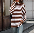 Striped Turtleneck Tunic Knit Sweater - Brick