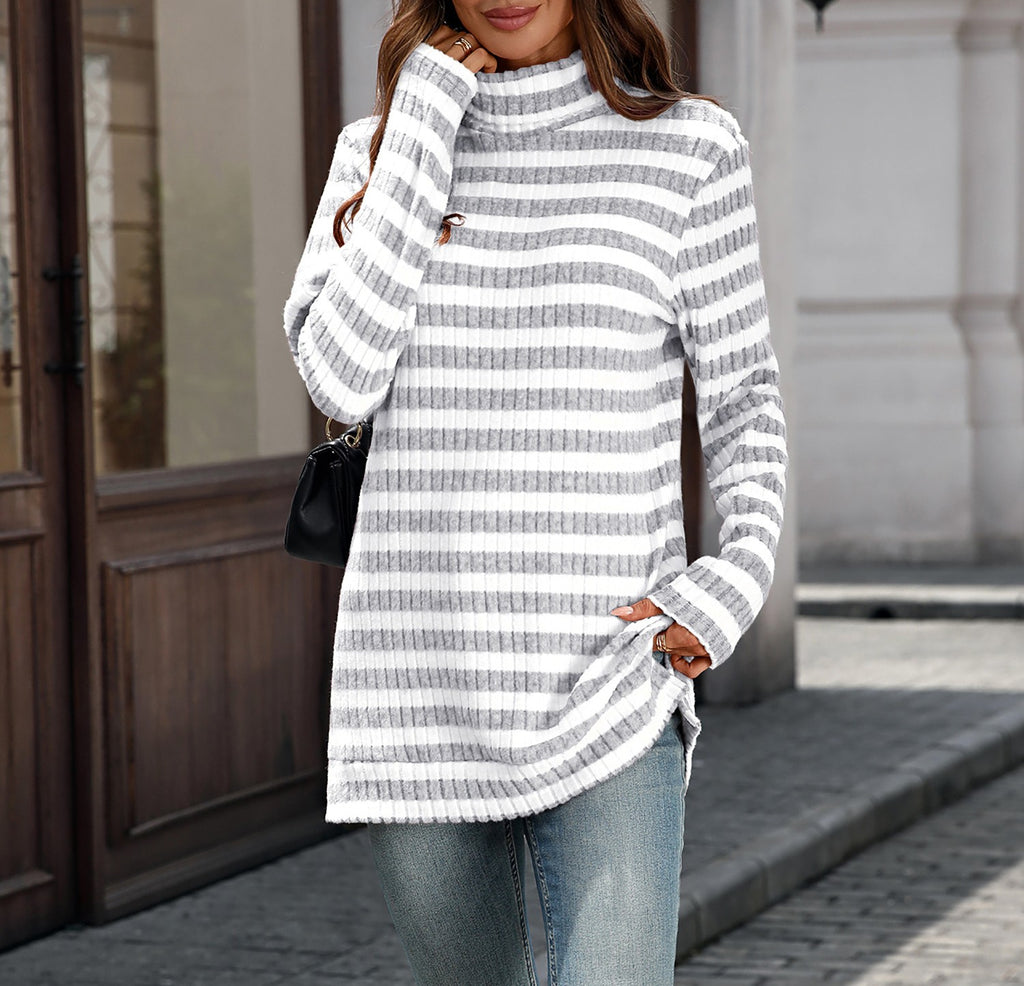 Striped Turtleneck Tunic Knit Sweater - Gray