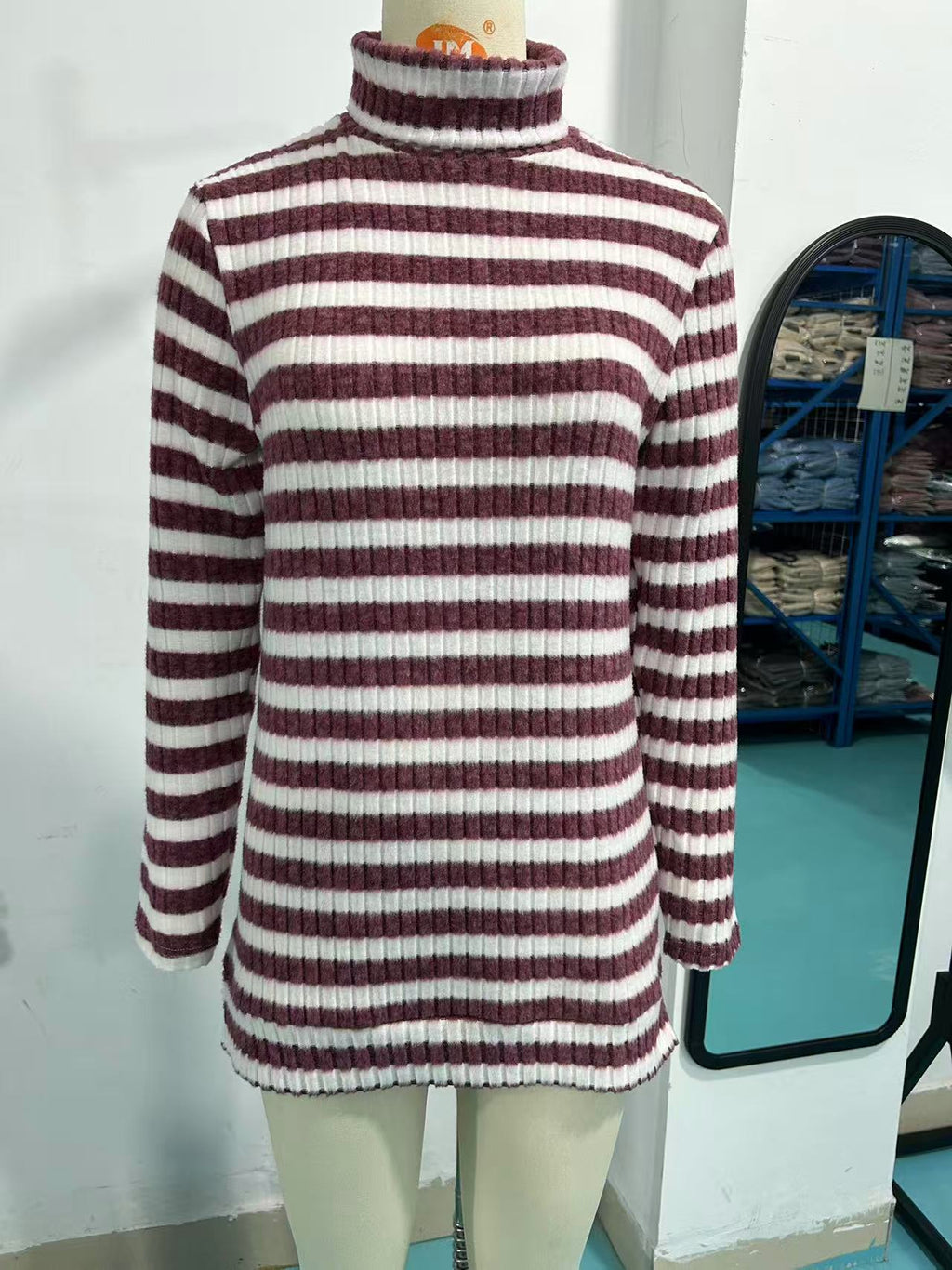 Striped Turtleneck Tunic Knit Sweater