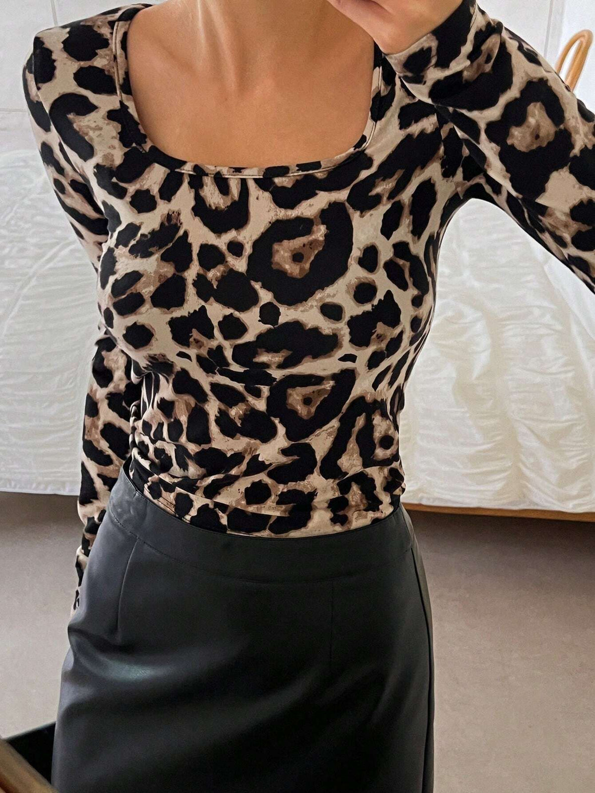 Leopard Print Scoop Neck Fitted Top - Khaki