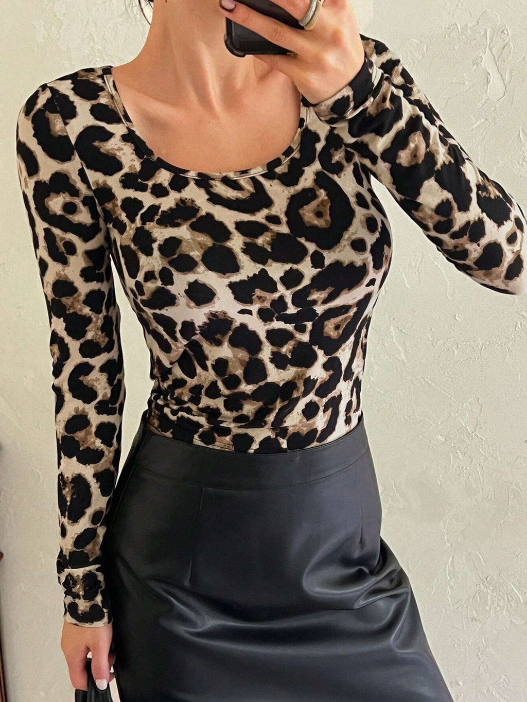 Leopard Print Scoop Neck Fitted Top - view 1