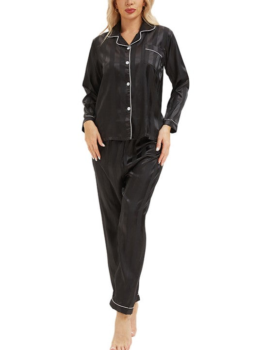 Tonal Stripe Satin Pajama Set - Black