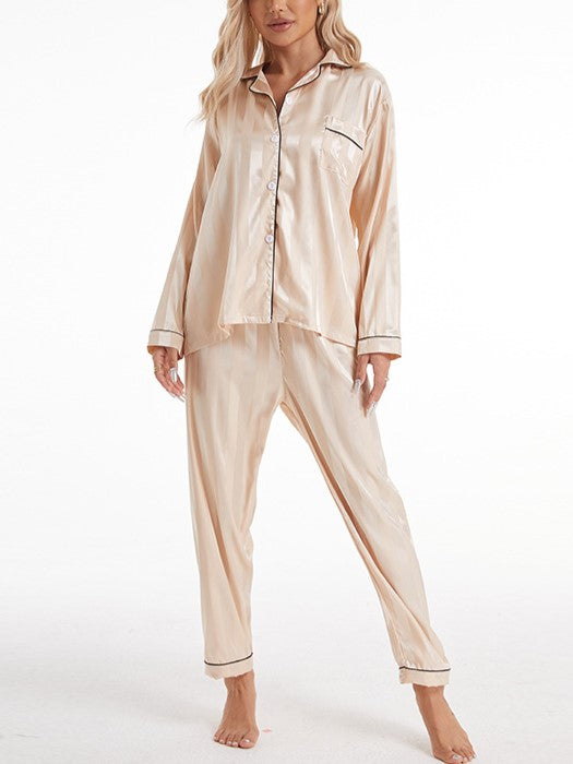 Tonal Stripe Satin Pajama Set - Champagne