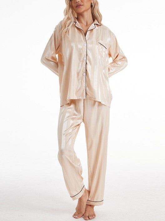 Tonal Stripe Satin Pajama Set - Champagne - 2