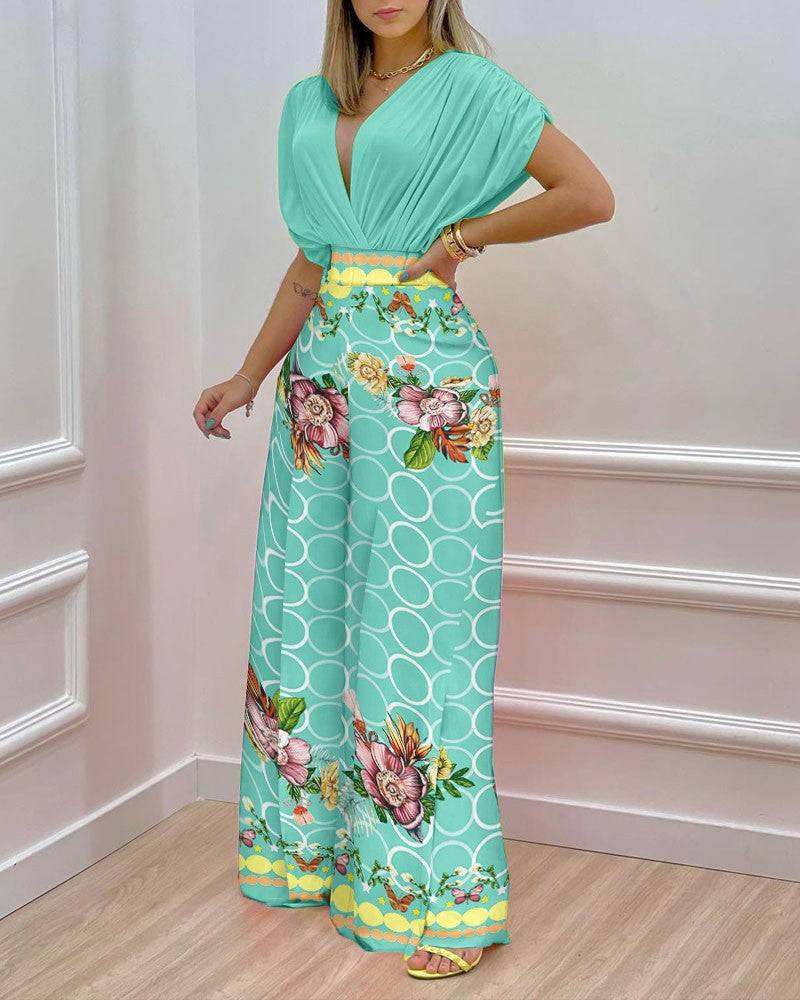 Draped Batwing Top And Wide Leg Pants Set - Green - 1