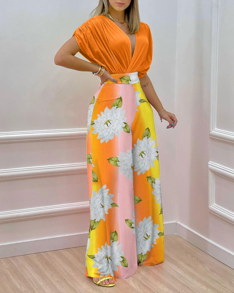Draped Batwing Top And Wide Leg Pants Set - Orange - 1