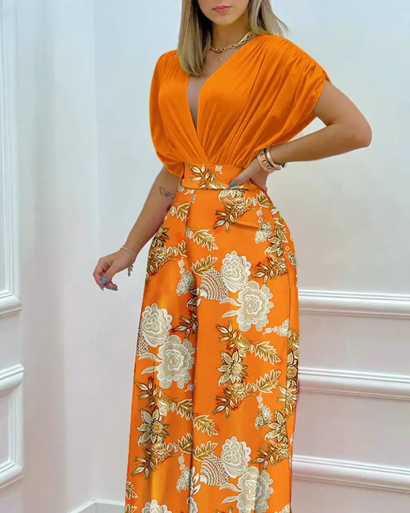 Draped Batwing Top And Wide Leg Pants Set - OrangePrint - 1