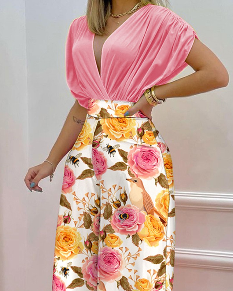 Draped Batwing Top And Wide Leg Pants Set - Pink