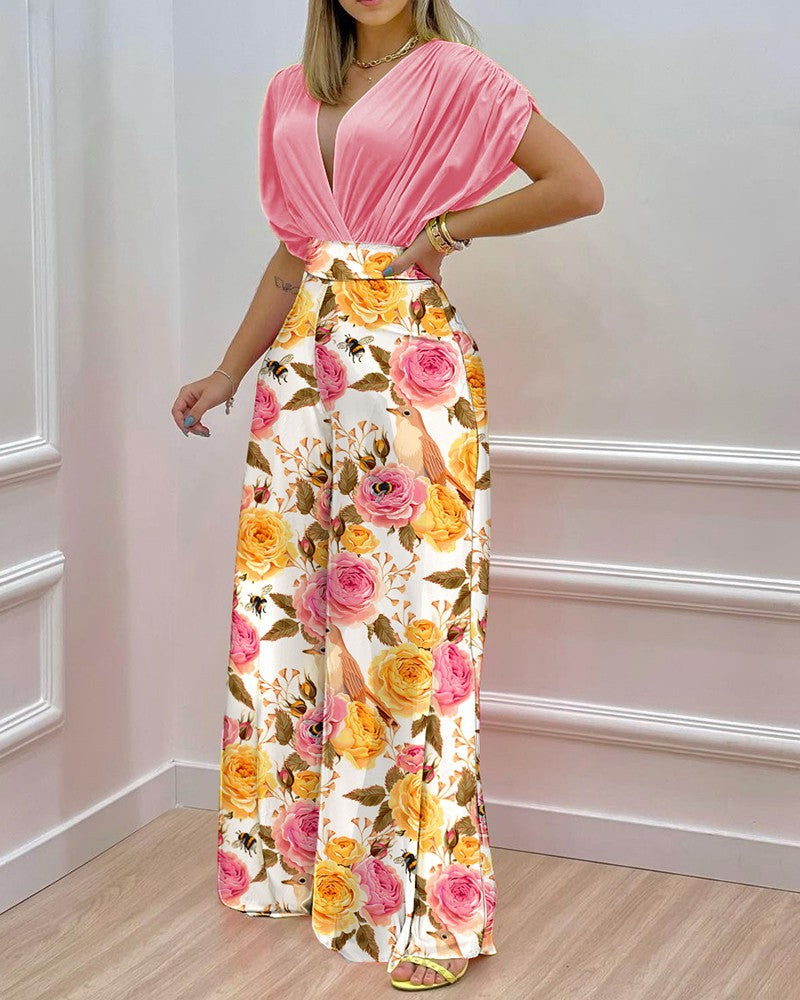 Draped Batwing Top And Wide Leg Pants Set - Pink - 1