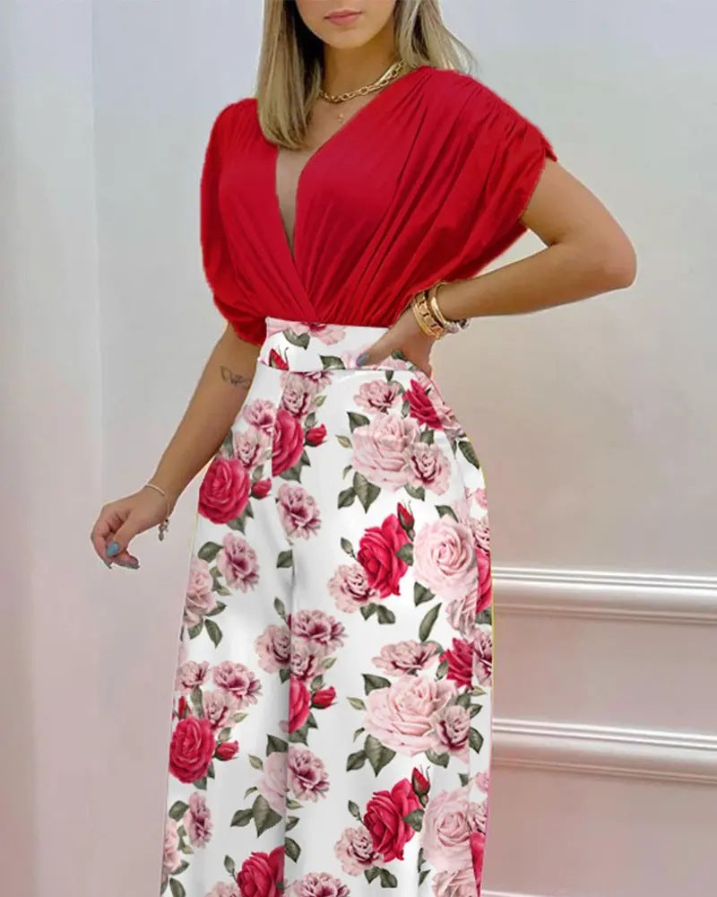 Draped Batwing Top And Wide Leg Pants Set - Red