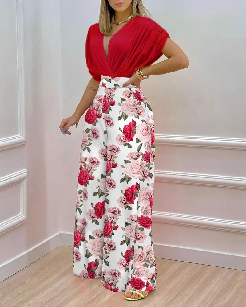 Draped Batwing Top And Wide Leg Pants Set - Red - 1