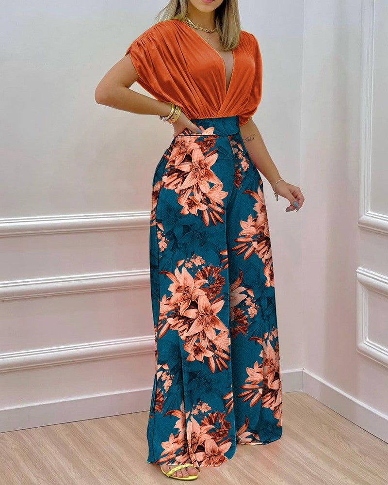 Draped Batwing Top And Wide Leg Pants Set - Rust Red - 1
