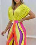 Draped Batwing Top And Wide Leg Pants Set - Yellow