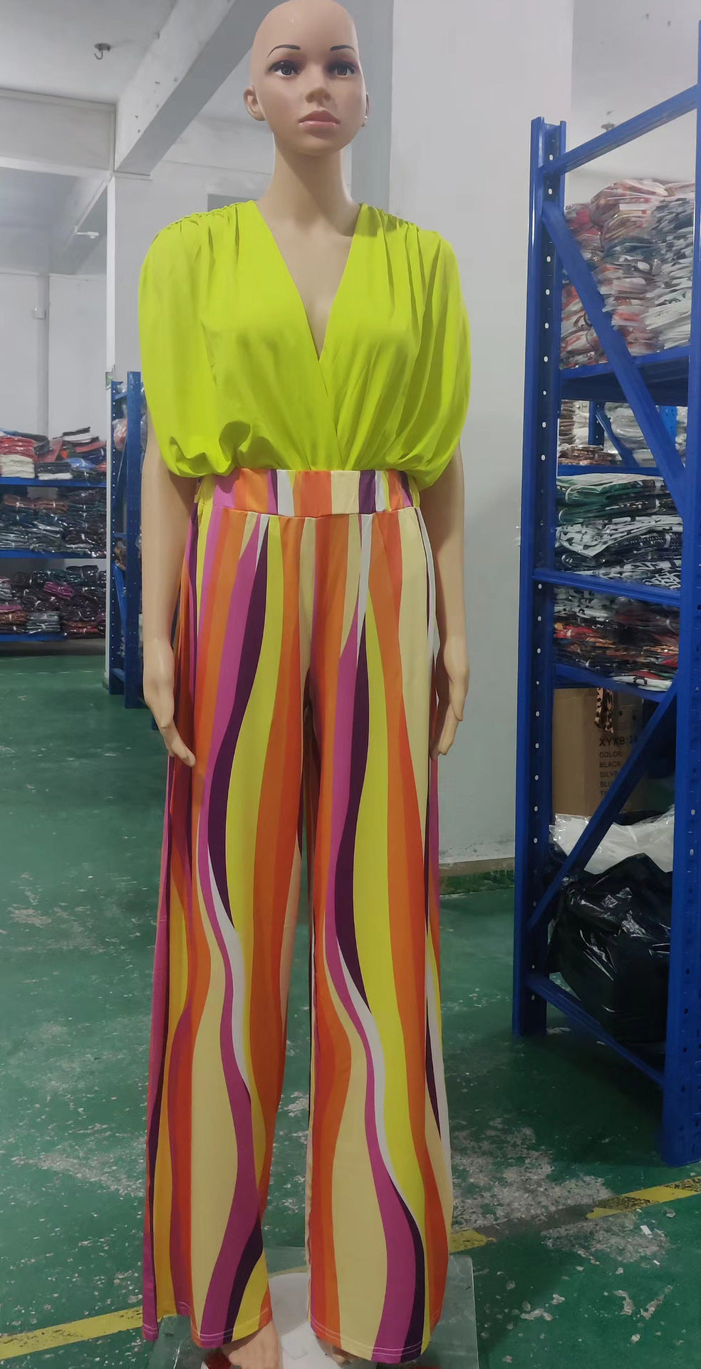 Draped Batwing Top And Wide Leg Pants Set - Yellow - 1