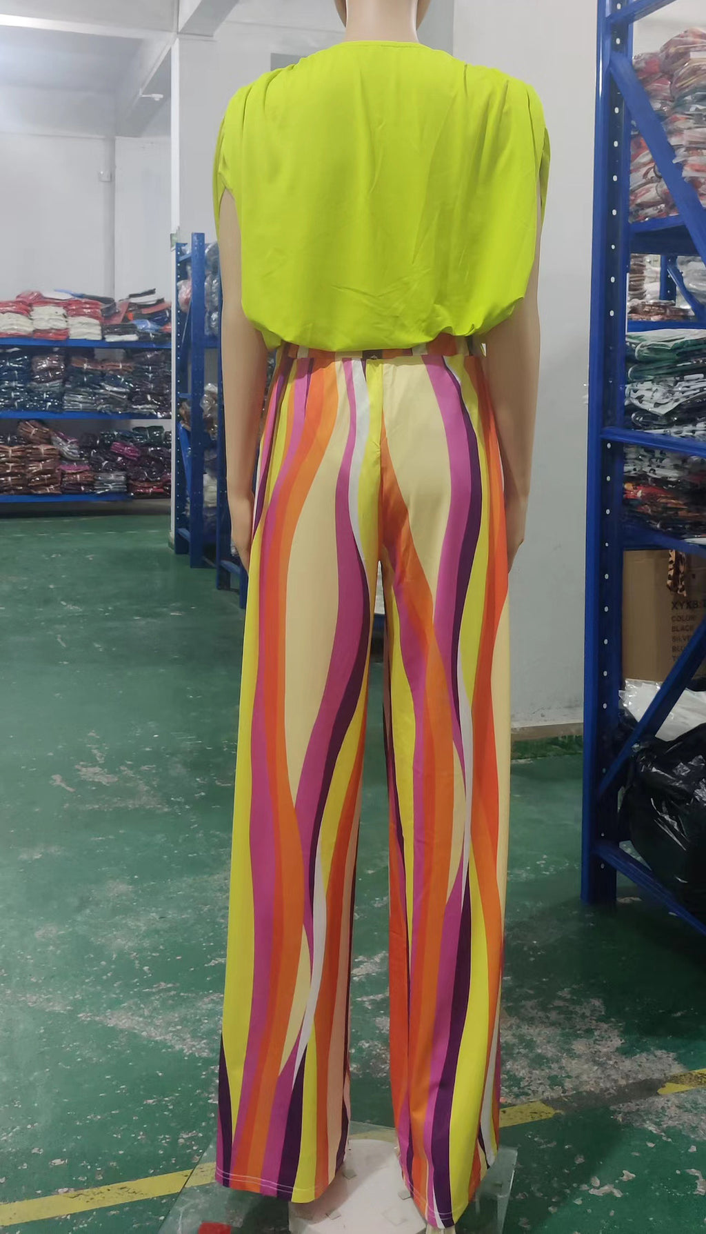 Draped Batwing Top And Wide Leg Pants Set - Yellow - 2