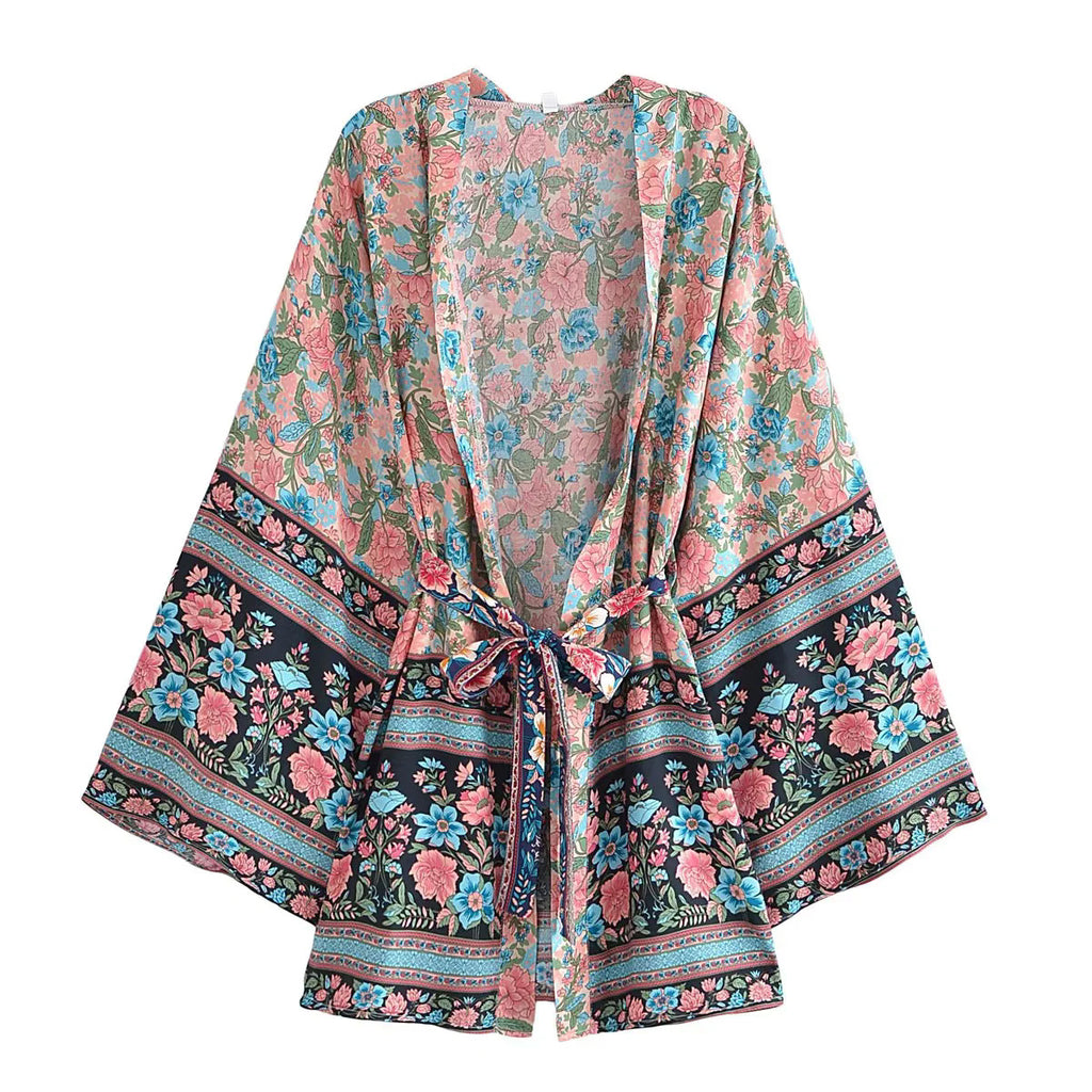 Retro Floral Kimono Cover Up With Sash Belt - Black