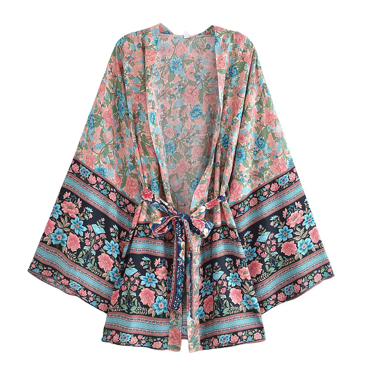 Retro Floral Kimono Cover Up With Sash Belt - Black