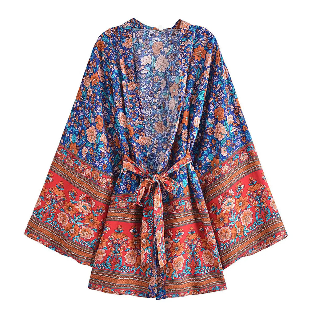 Retro Floral Kimono Cover Up With Sash Belt - Blue