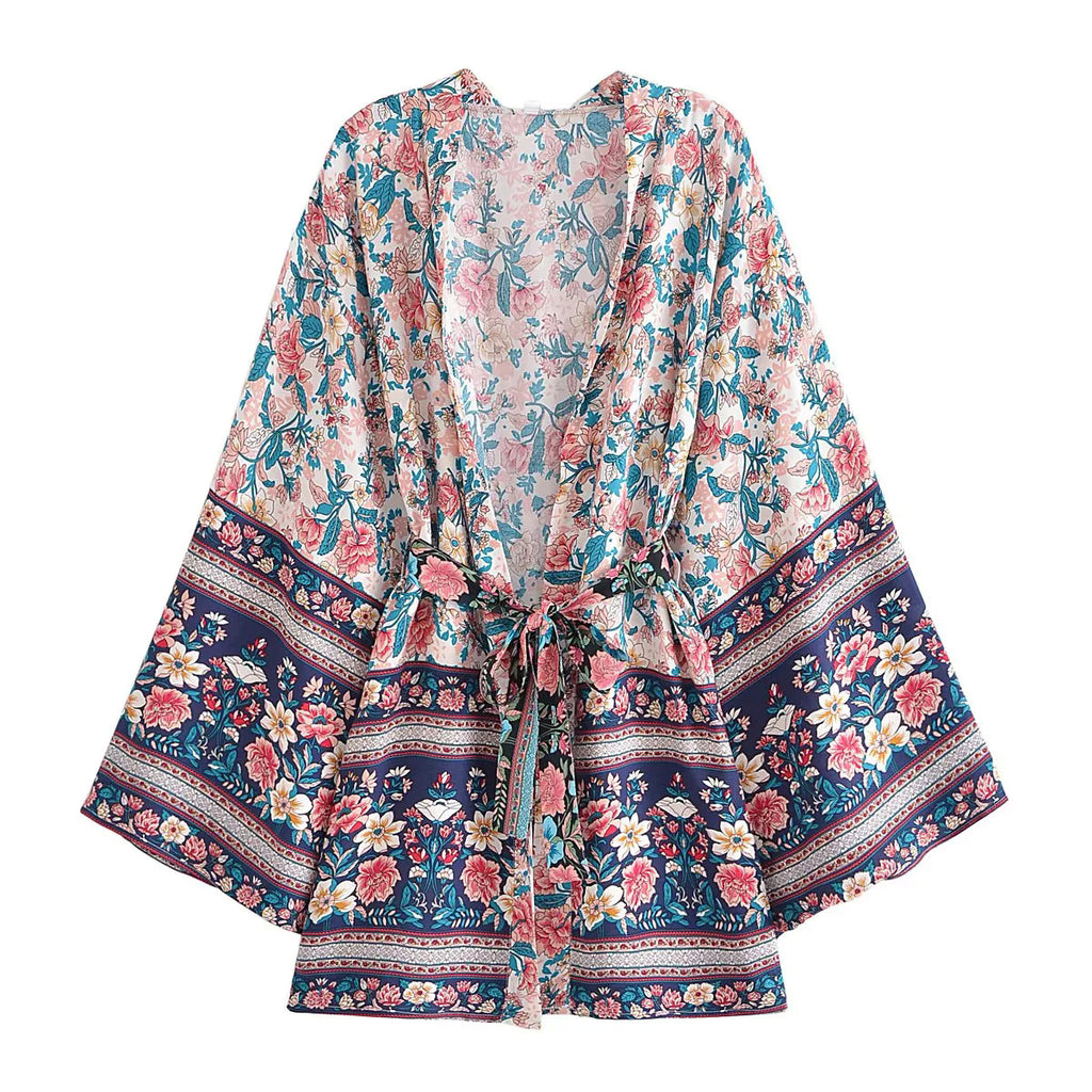 Retro Floral Kimono Cover Up With Sash Belt - Navy