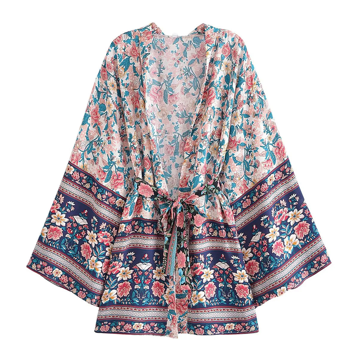 Retro Floral Kimono Cover Up With Sash Belt - Navy