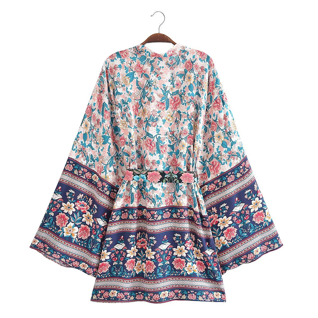 Retro Floral Kimono Cover Up With Sash Belt - Navy - 2
