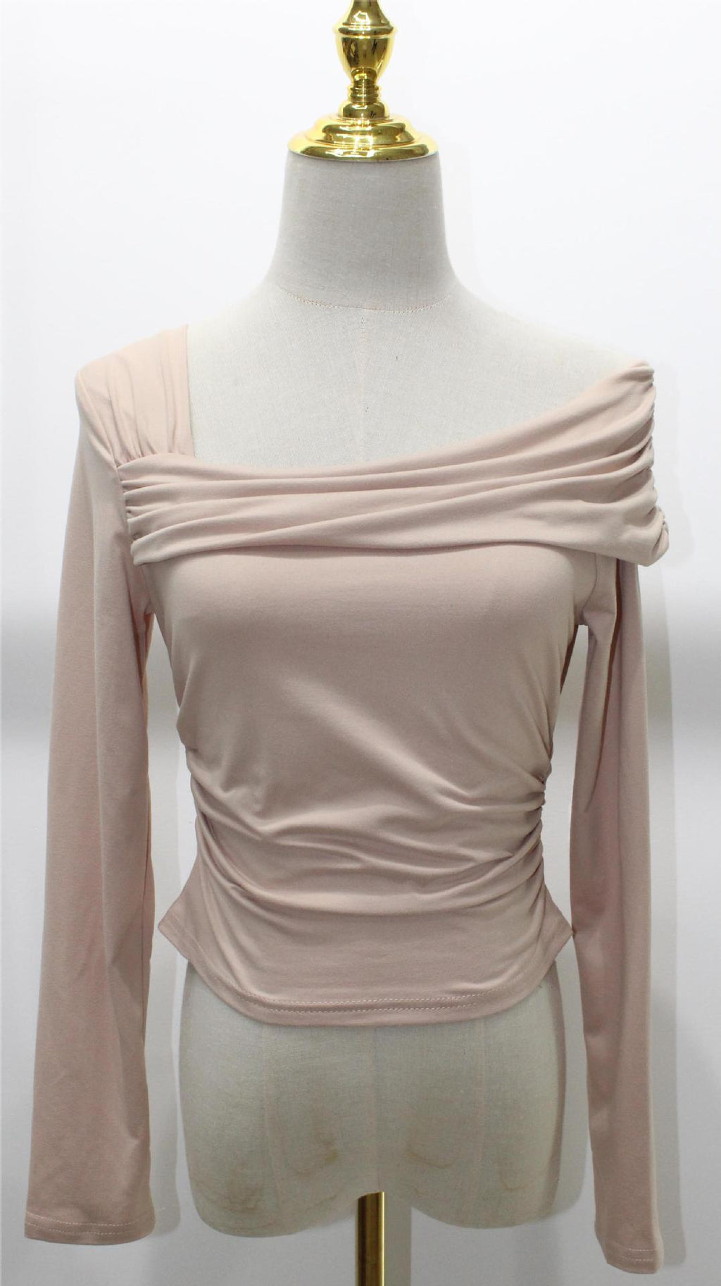 Asymmetric One Shoulder Ruched Knit Top - Beige - 1