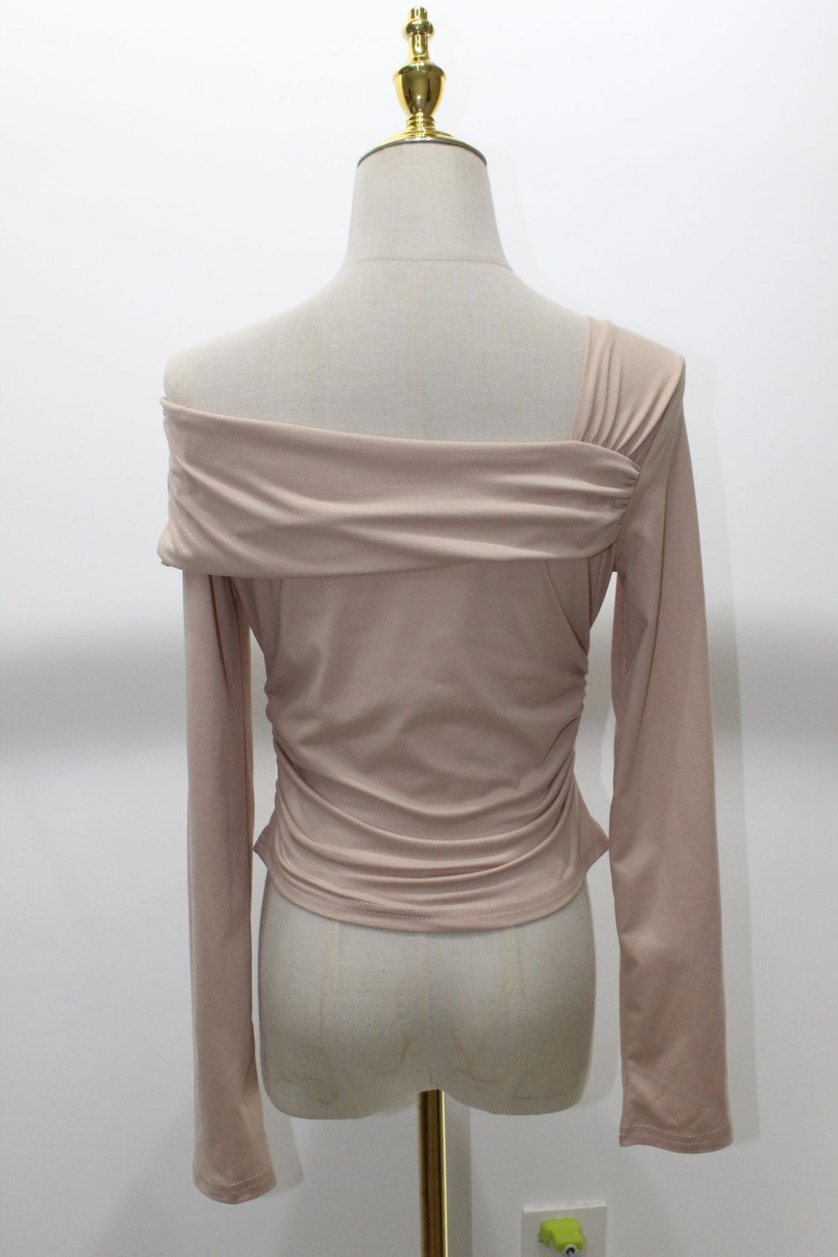 Asymmetric One Shoulder Ruched Knit Top - Beige - 2